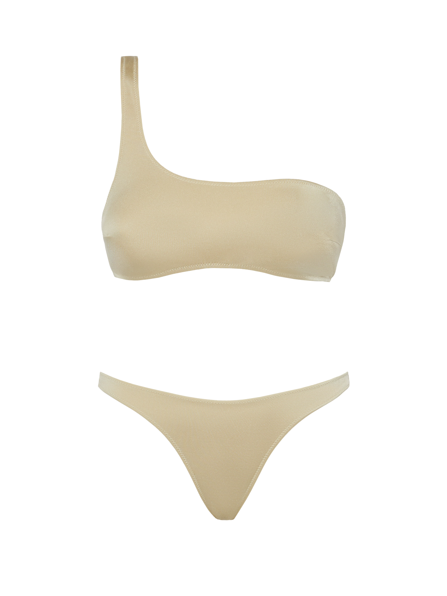Schimmernde, goldene Cheeky-Badehose „Naomi“ – schimmerndes, goldenes One-Shoulder-Bralette-Top „Celestine“