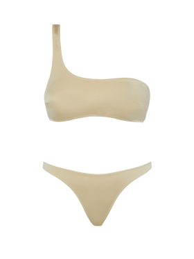 Schimmernde, goldene Cheeky-Badehose „Naomi“ – schimmerndes, goldenes One-Shoulder-Bralette-Top „Celestine“