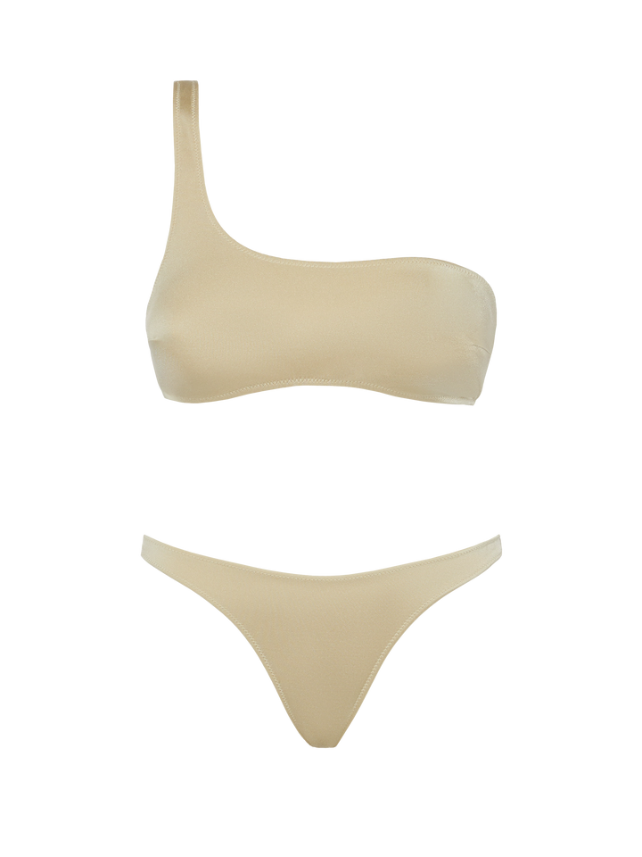 Naomi shimmer gold cheeky swim briefs - Celestine shimmer gold one-shoulder bralette top