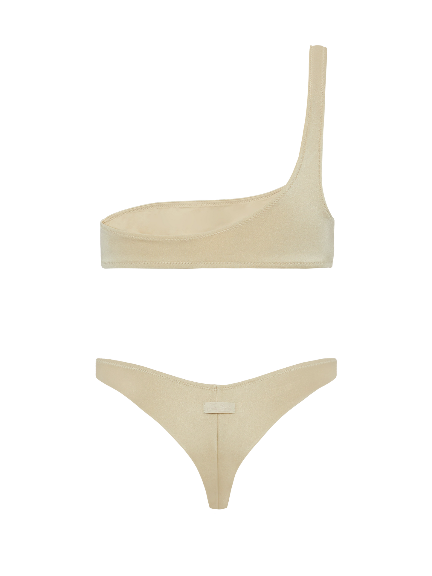 Schimmernde, goldene Cheeky-Badehose „Naomi“ – schimmerndes, goldenes One-Shoulder-Bralette-Top „Celestine“