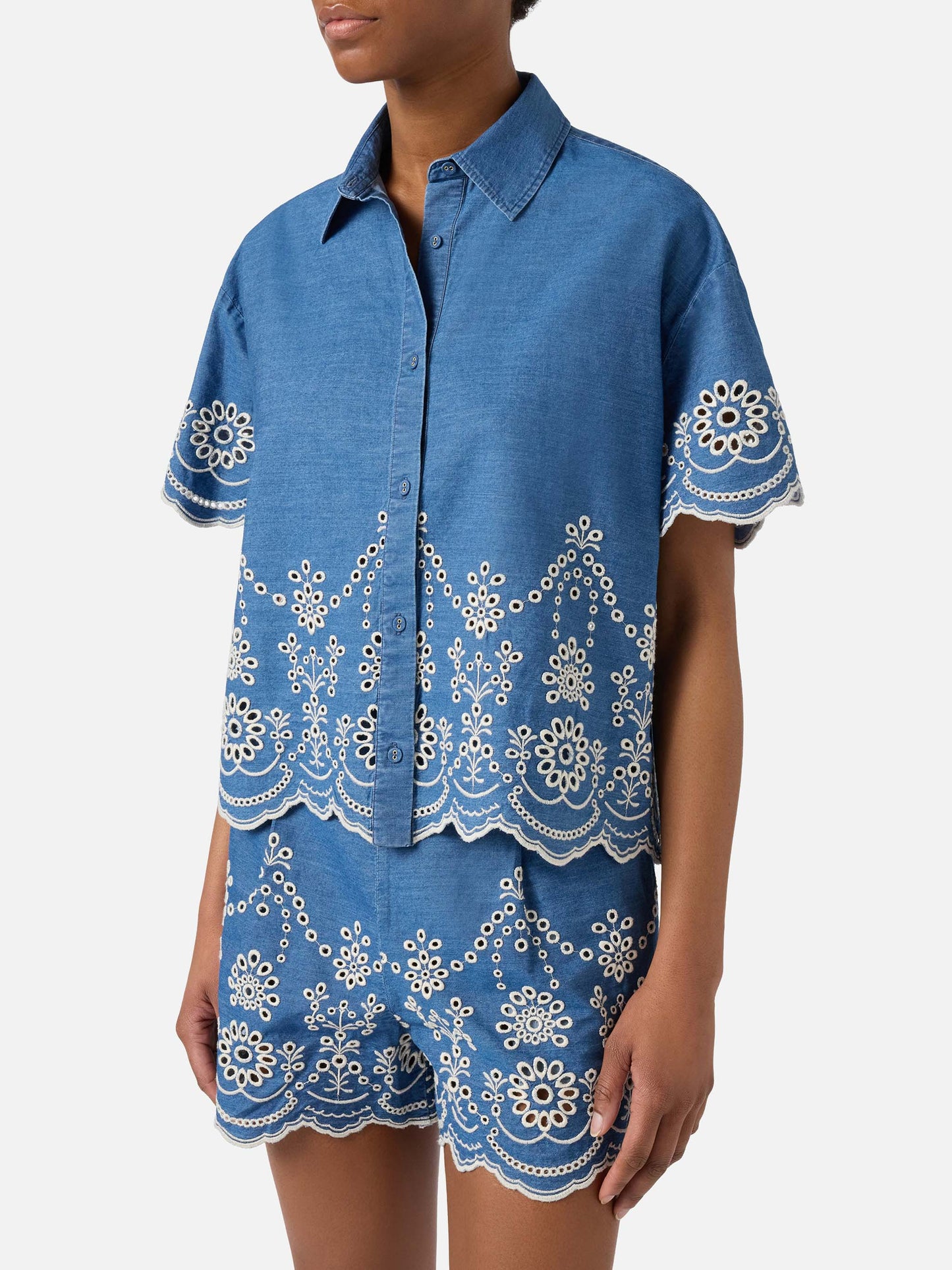 Clementine short-sleeve chambray shirt with floral embroidery