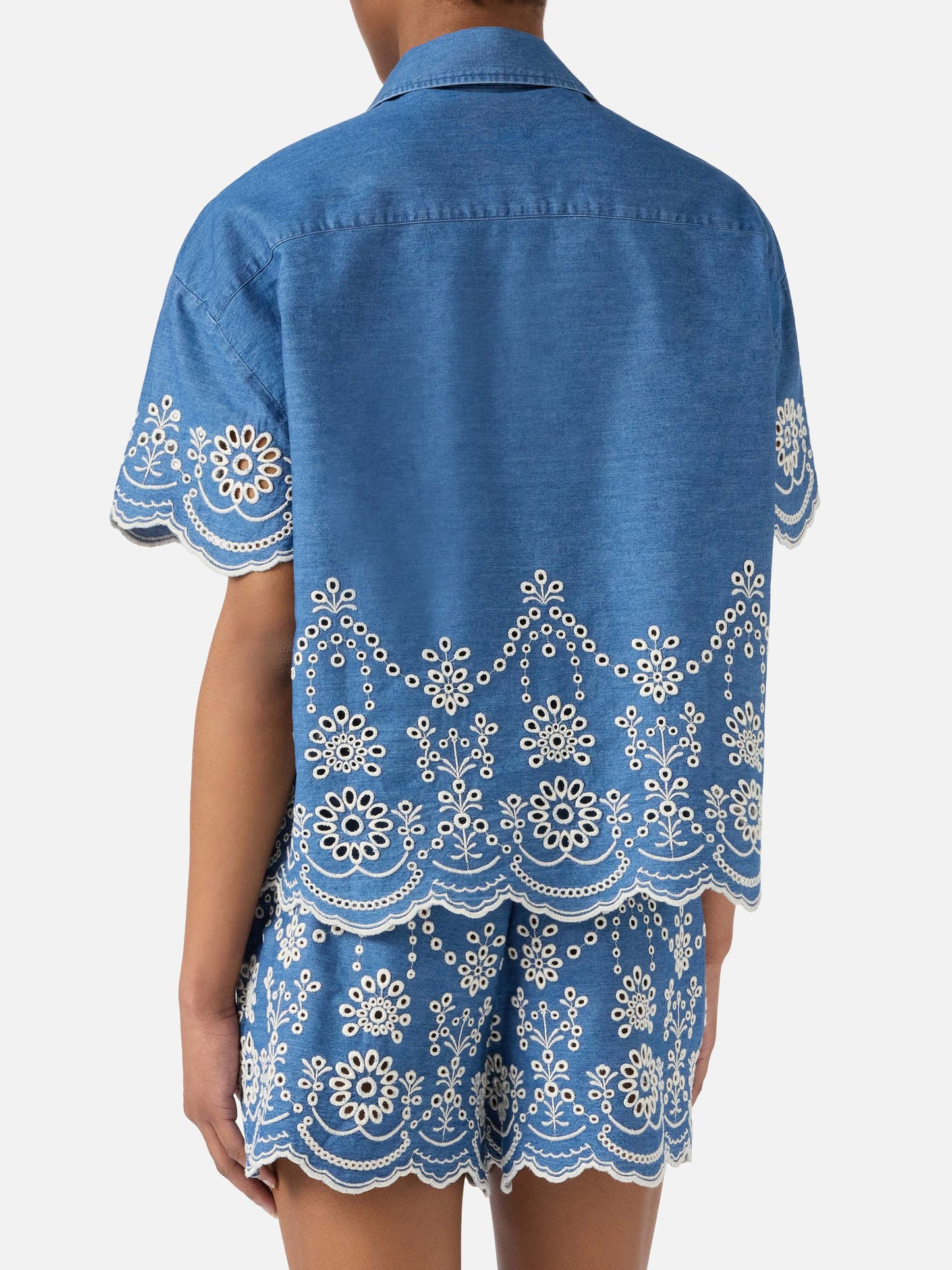 Clementine short-sleeve chambray shirt with floral embroidery