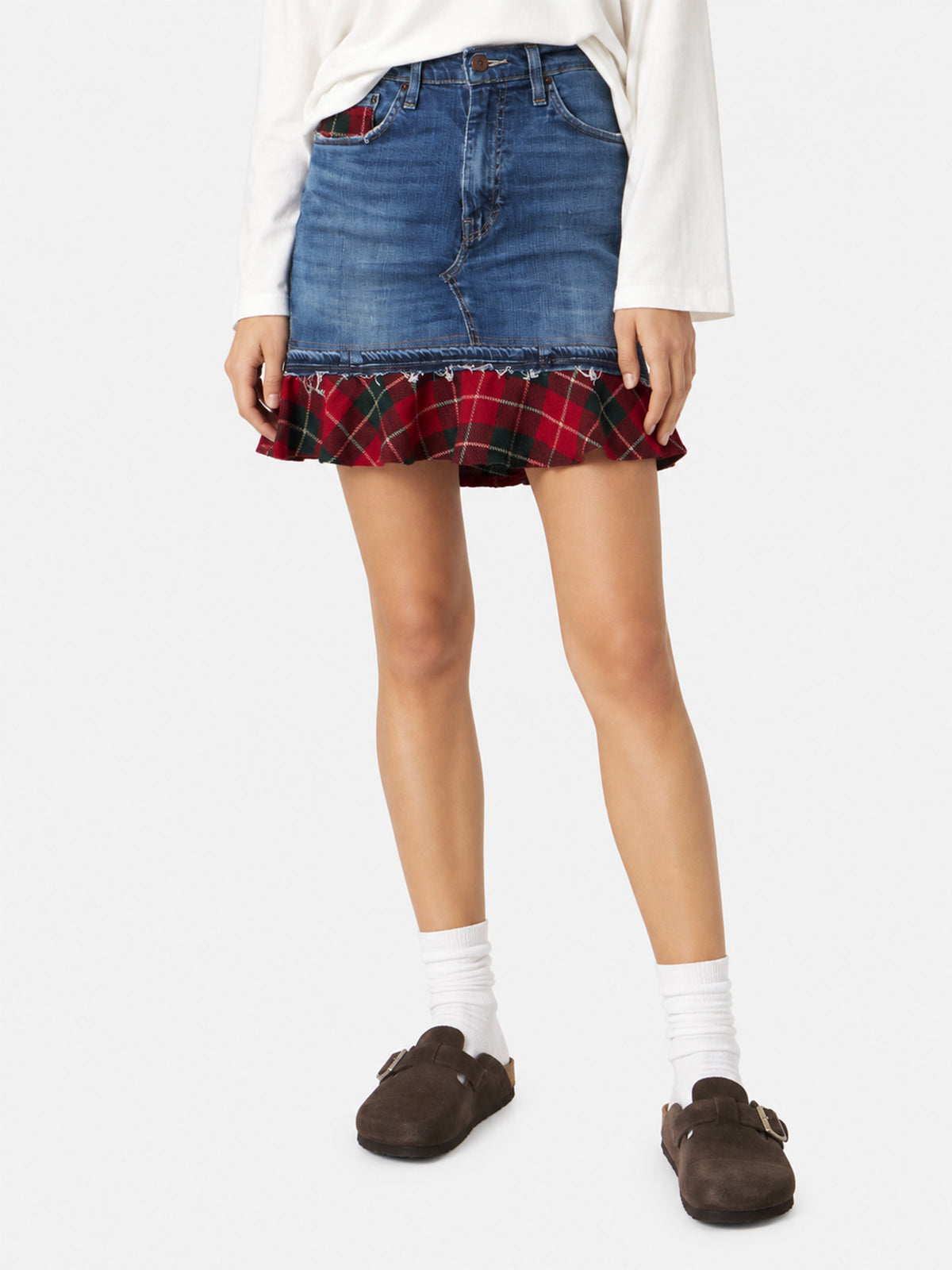 Falda vaquera Chelsy con detalles tartán 
