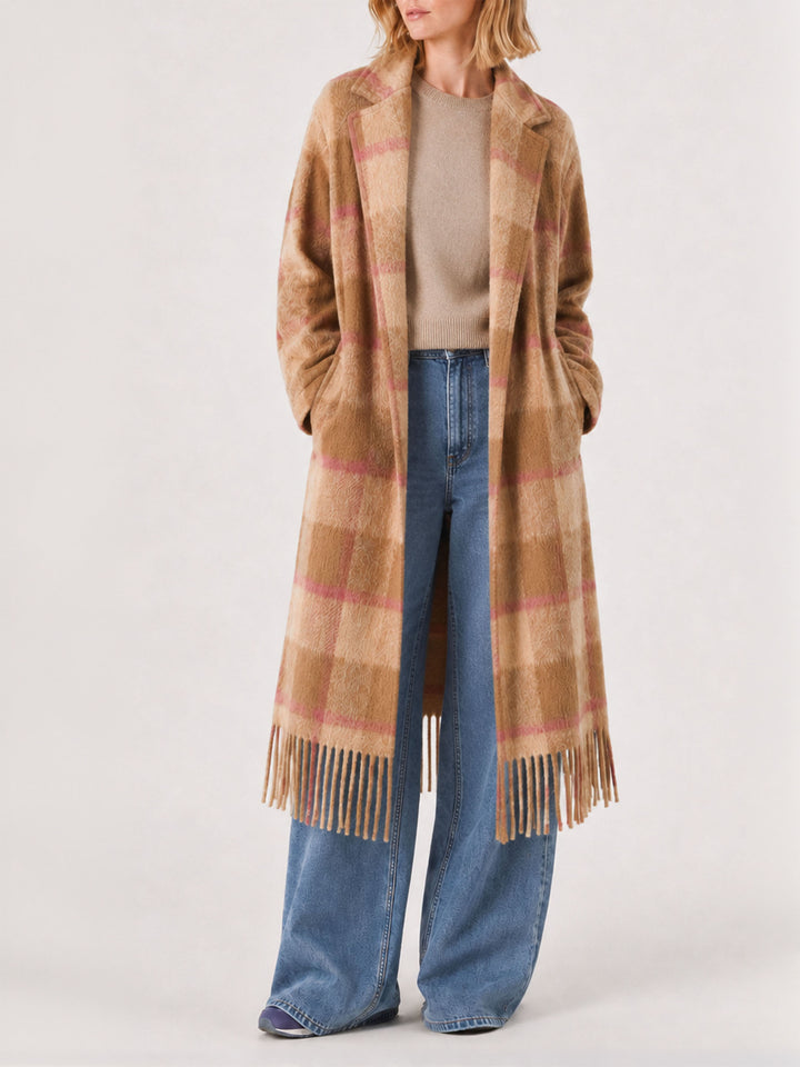 Brown Charlot long coat with fringes and check pattern