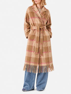 Brown Charlot long coat with fringes and check pattern