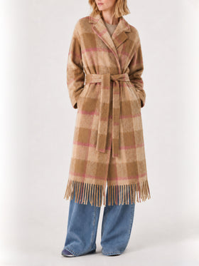 Cappotto lungo Charlot con frange a quadri marrone