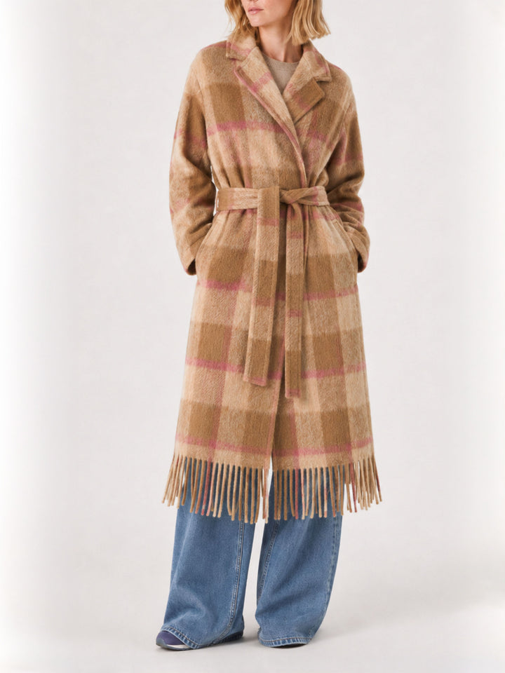 Brown Charlot long coat with fringes and check pattern