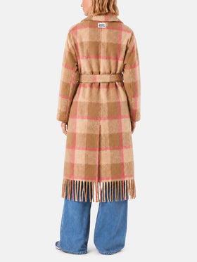 Brown Charlot long coat with fringes and check pattern