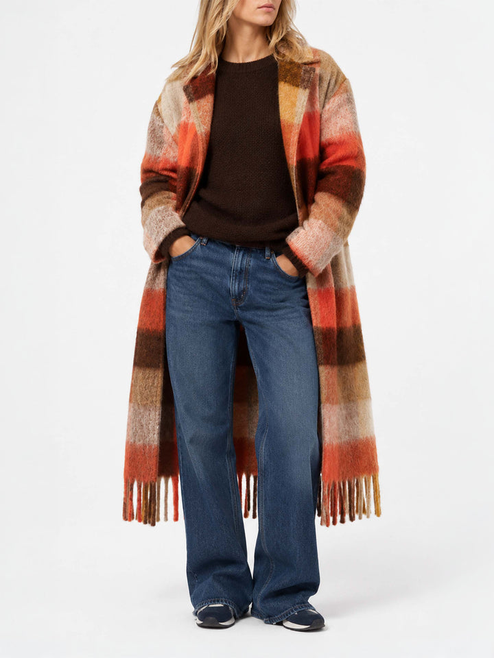 Charlot long coat with fringes and check pattern