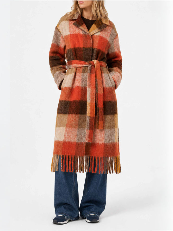 Charlot long coat with fringes and check pattern