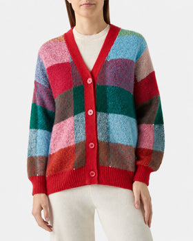 Cardigan garzato a quadri multicolor Chloe con applicazione strass
