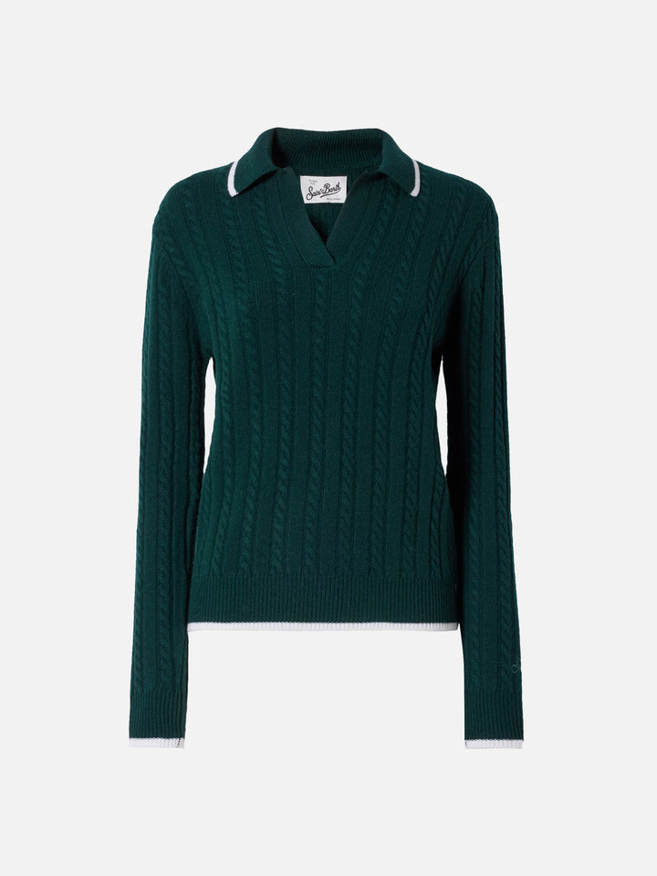 Clichy cable-knit wool polo in British green