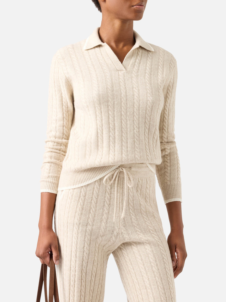Polo de punto en lana Beige Clichy con cuello polo y puntada pointelle 