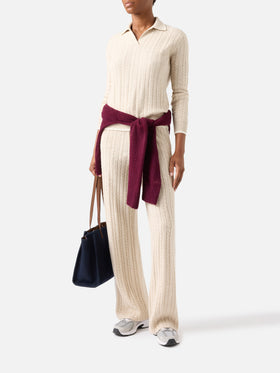 Beige Clichy wool polo collar knit with pointelle stitch