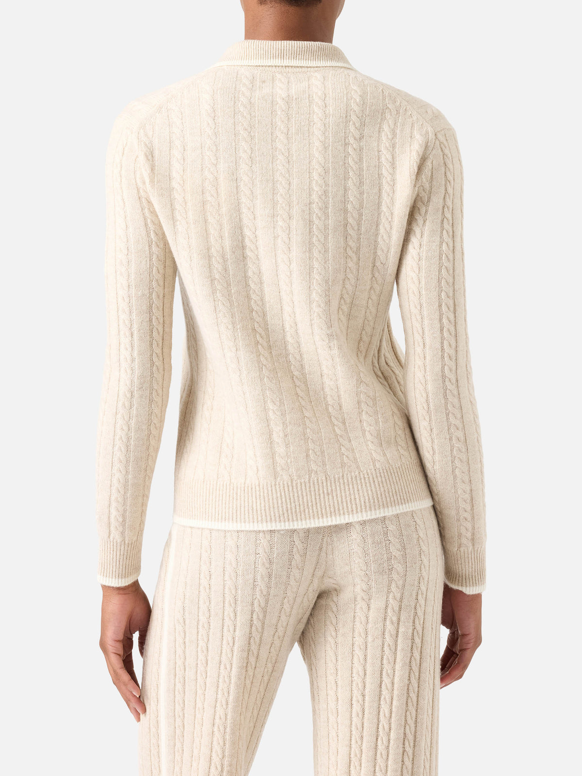 Beige Clichy wool polo collar knit with pointelle stitch