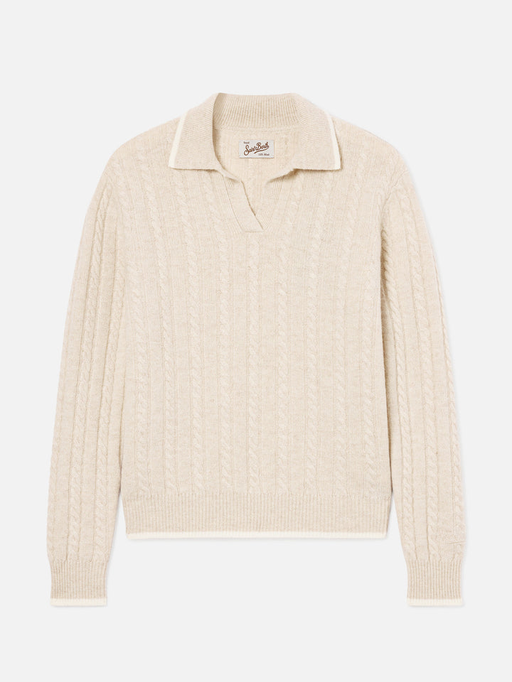 Maglia Clichy beige in lana con collo polo e punto pointelle