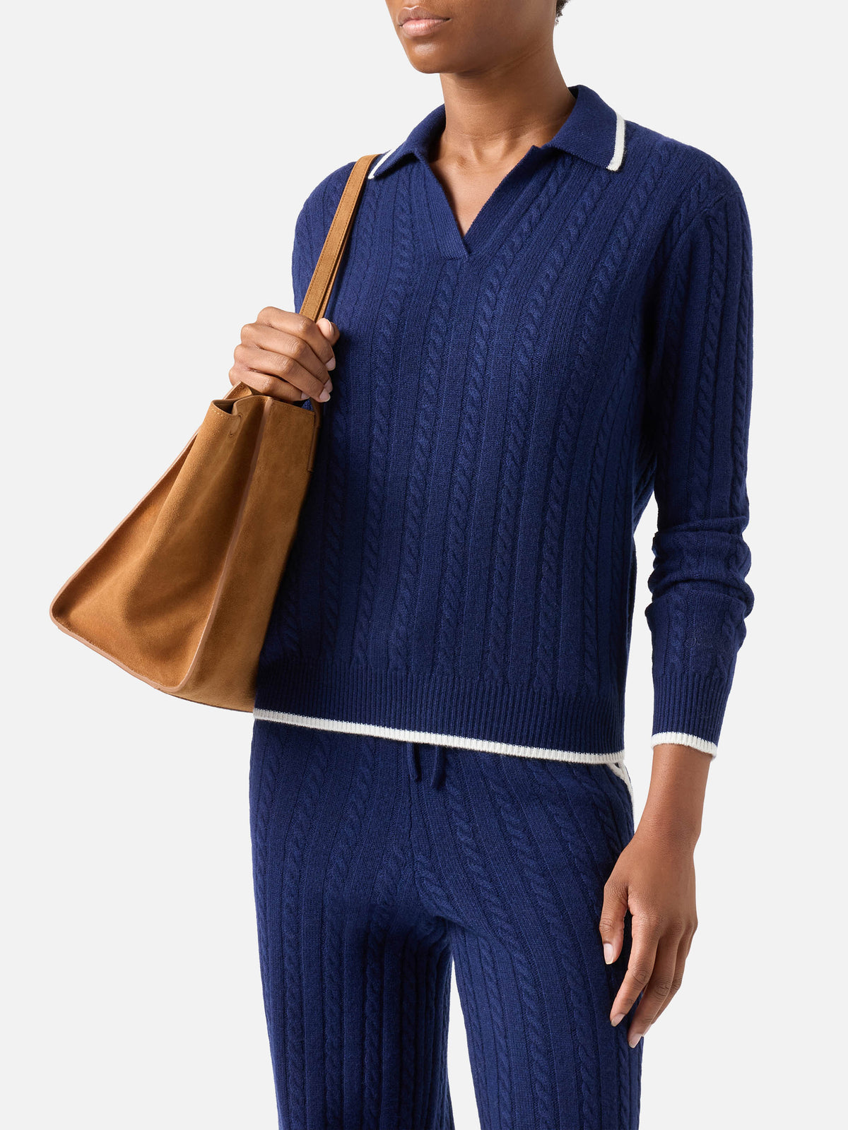 Polo de punto de lana Night blue Clichy con cuello polo y punto pointelle 