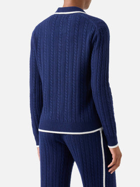 Polo de punto de lana Night blue Clichy con cuello polo y punto pointelle 