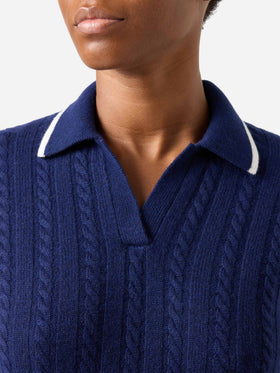 Polo de punto de lana Night blue Clichy con cuello polo y punto pointelle 