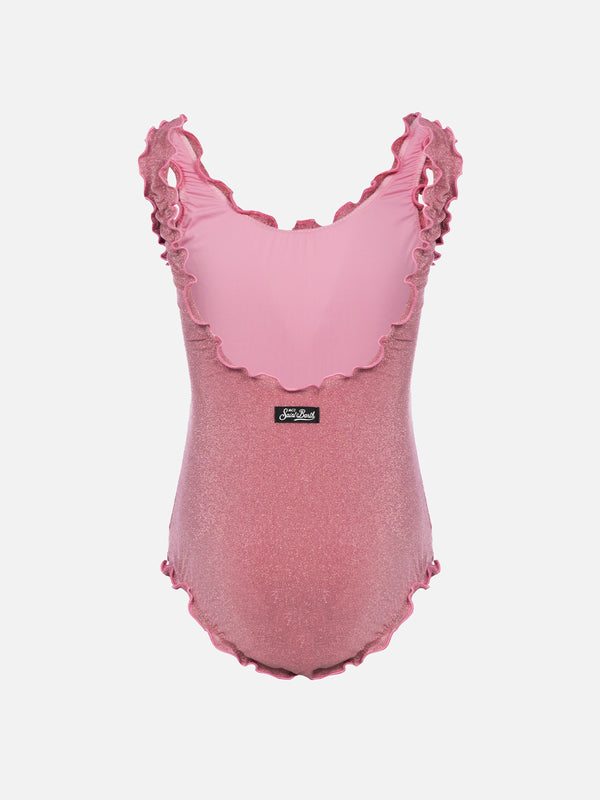 Costume intero da bambina lurex Clio con balza a contrasto