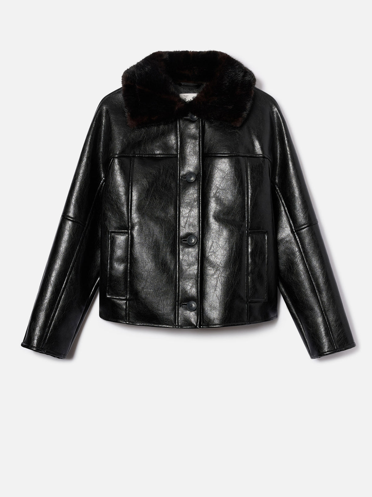 Black Clisia faux leather jacket with faux fur collar