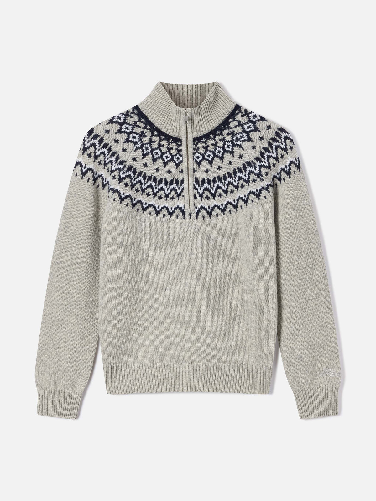 Grauer Clyde Half-Zip-Strick aus Wollmischung mit nordischem Muster 