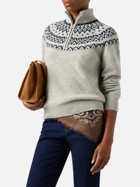 Maglia mezza zip in misto lana Clyde grigia con motivo nordico
