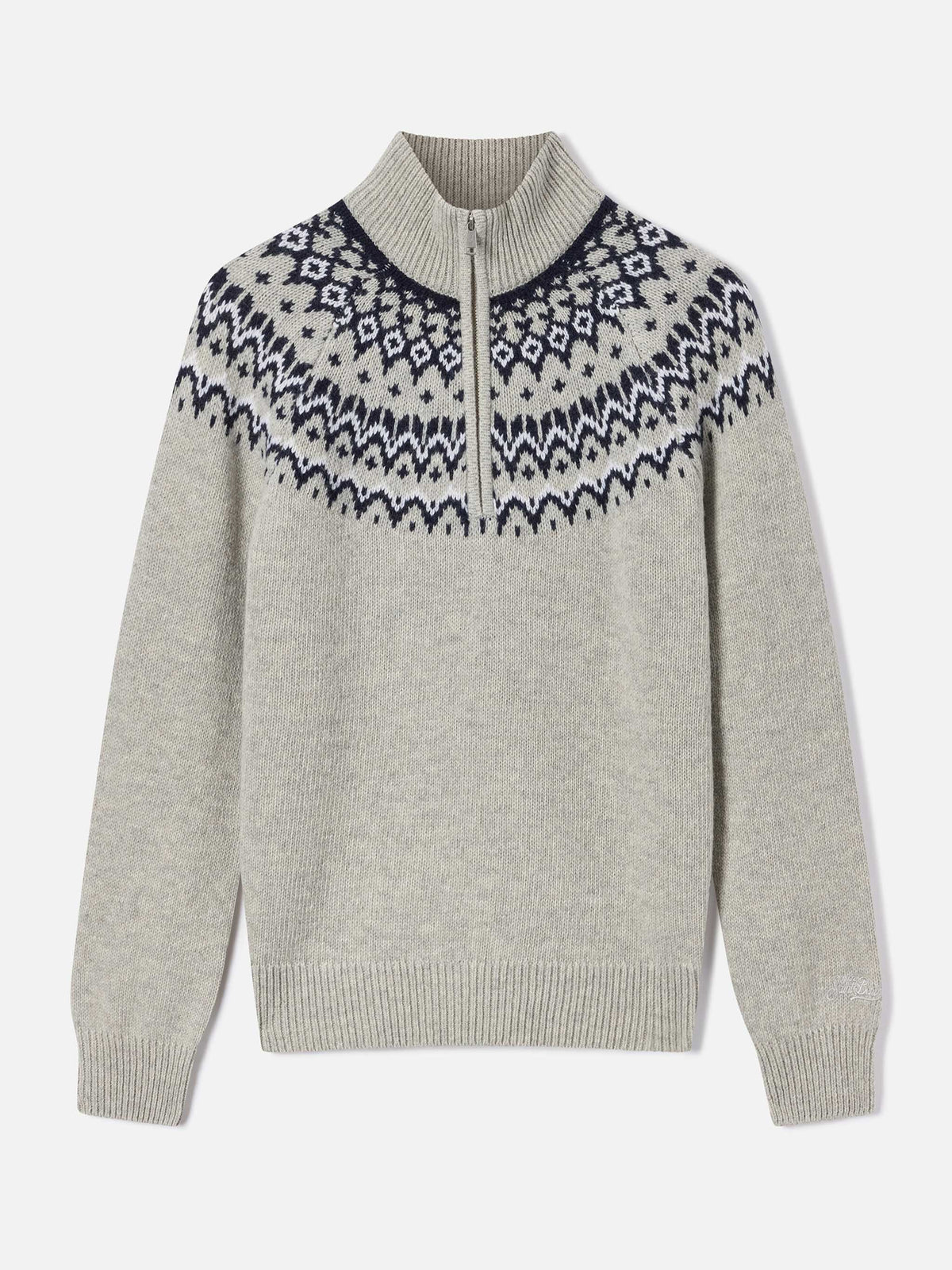 Grey Clyde wool blend half-zip knit with nordic pattern