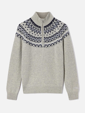 Grey Clyde wool blend half-zip knit with nordic pattern