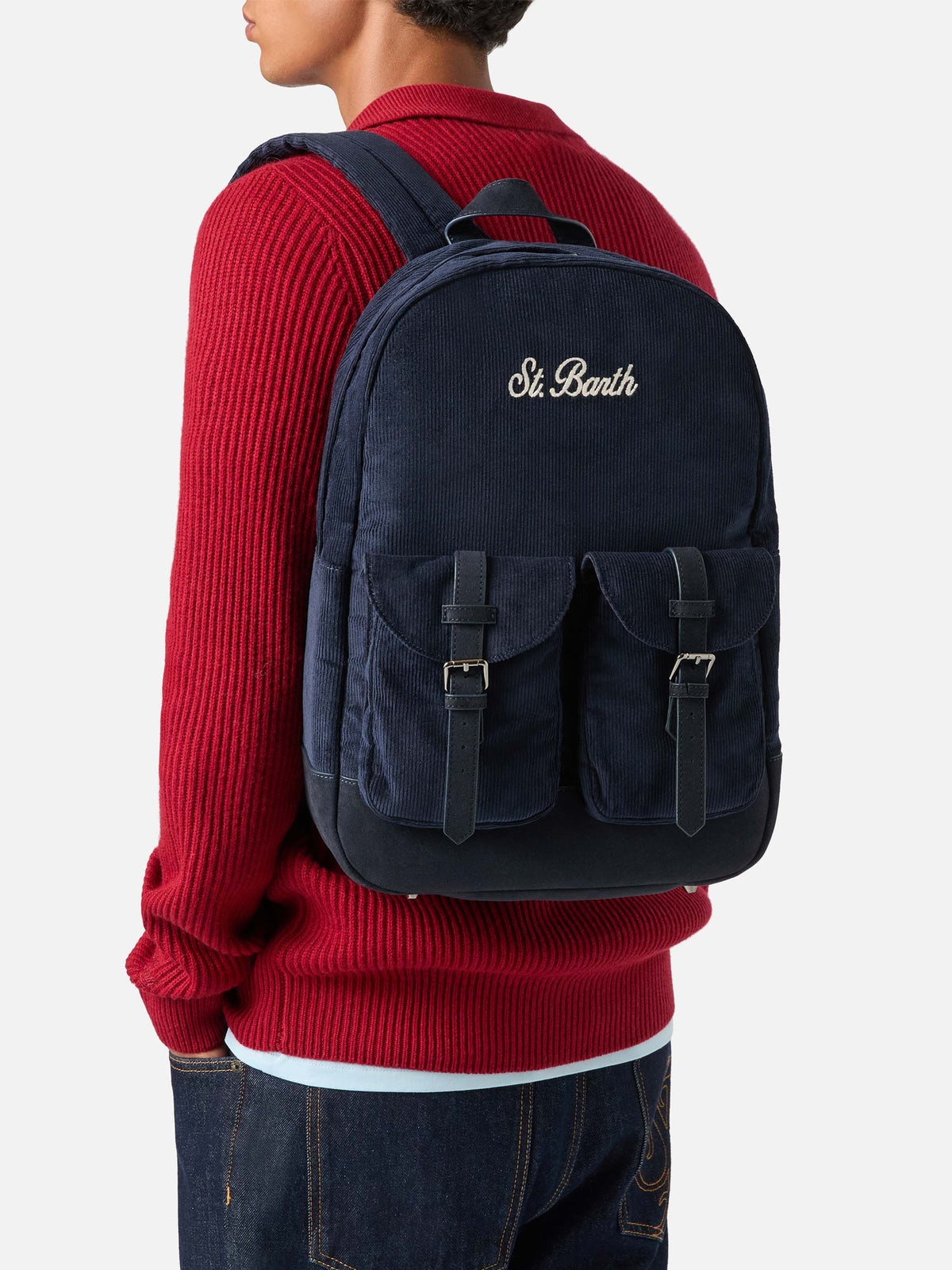 Zaino Cody blu navy in velluto a coste con ricamo logo