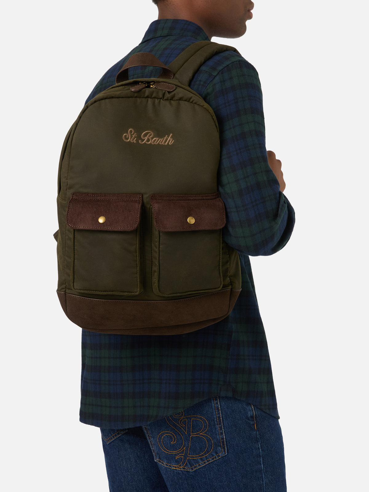 Military green Cody waxed backpack with logo embroidery