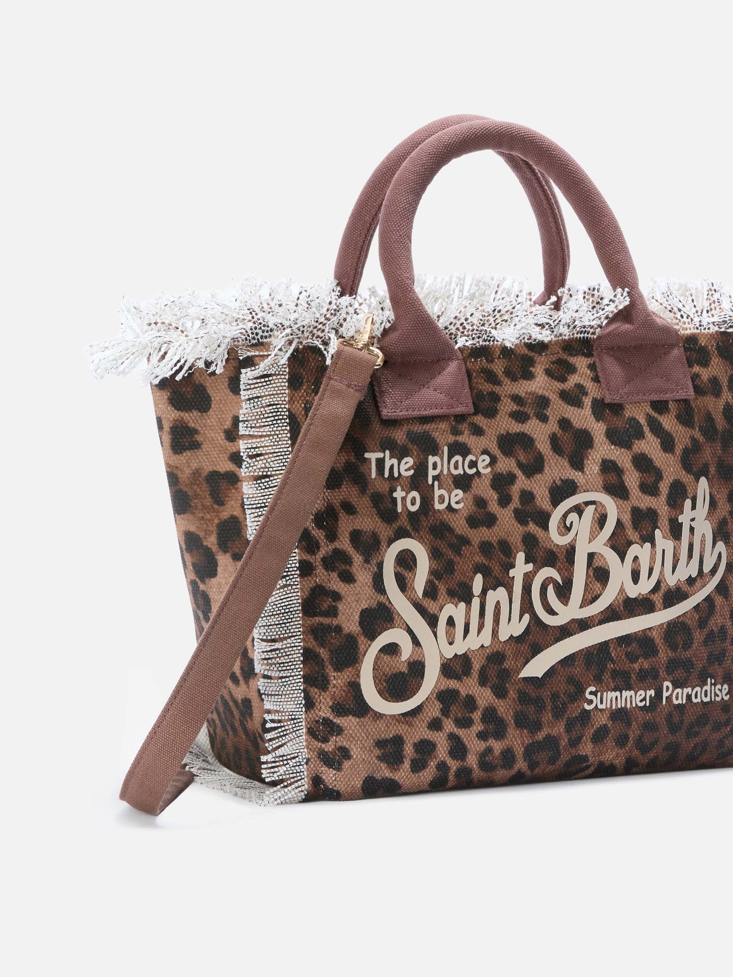 Borsa Vanity regular leopardata in canvas con frange
