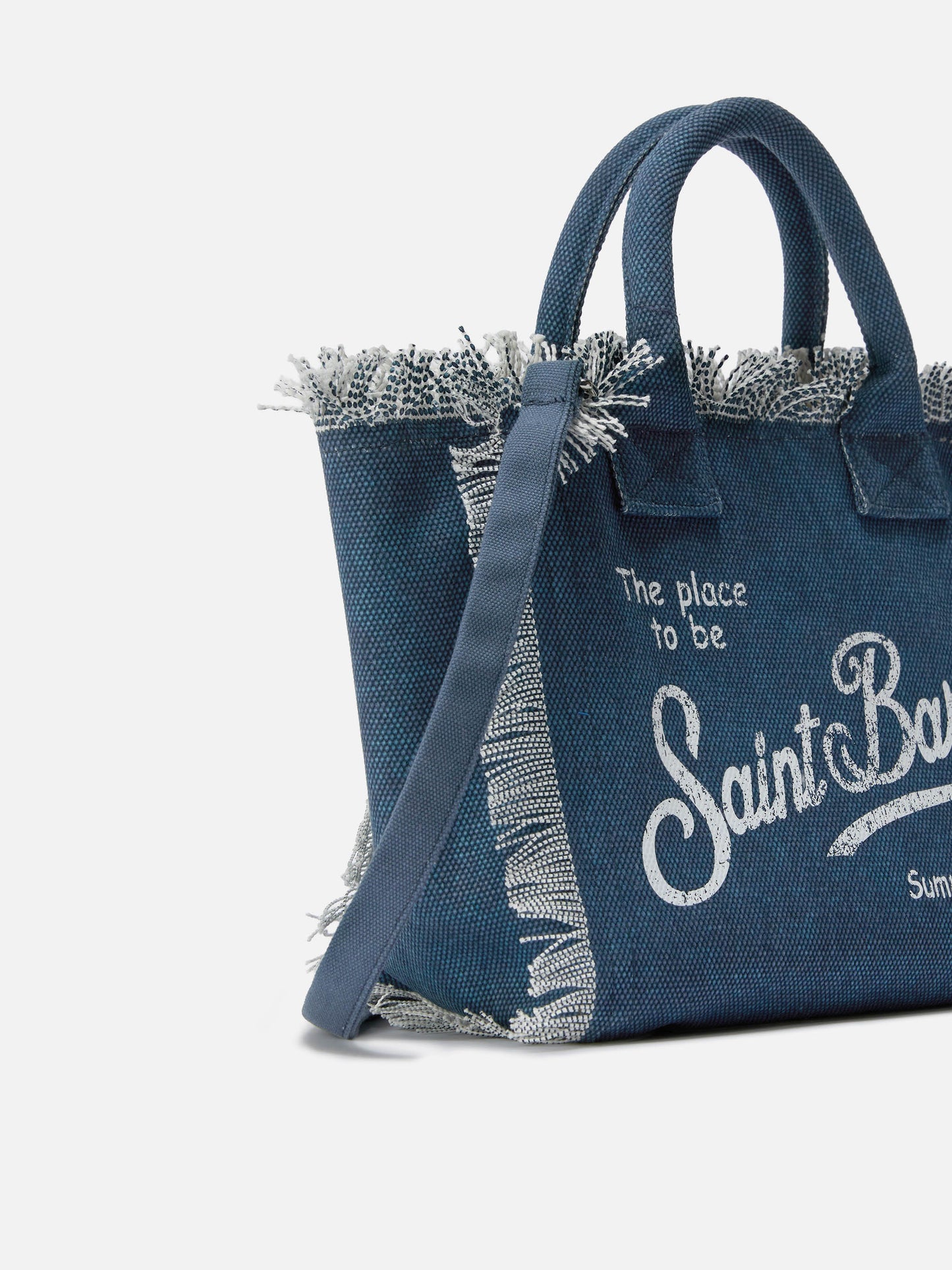 Indigo blue canvas Colette bag with fringes