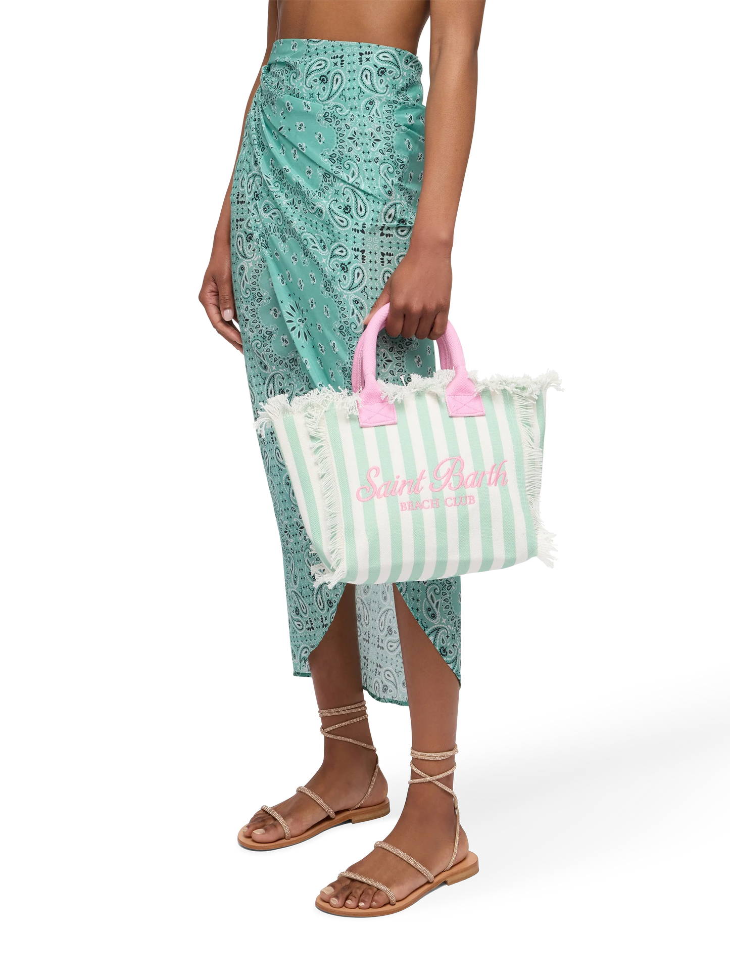 Colette cotton canvas handbag with green striped print