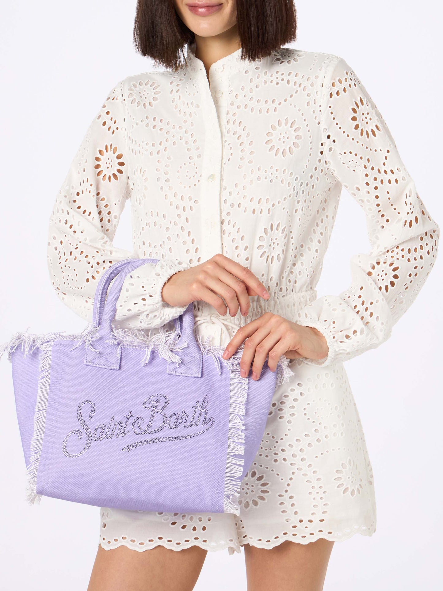 Colette – Handtasche aus fliederfarbenem Baumwollcanvas mit Strass-Logo