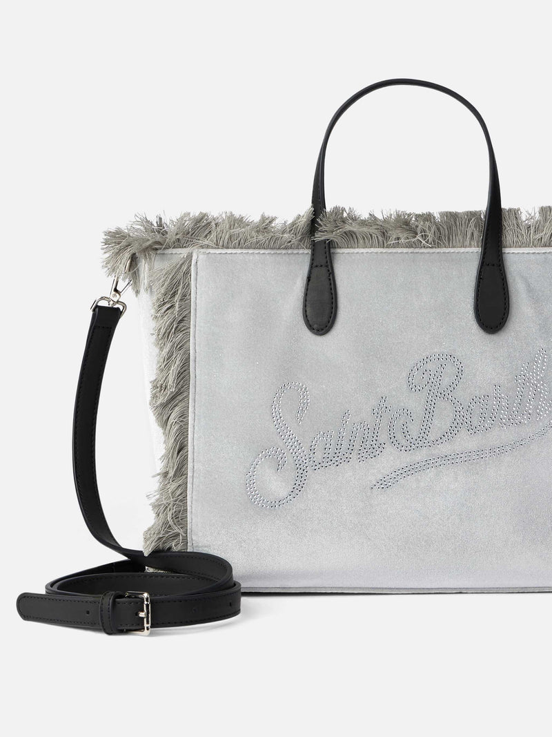 Borsa a mano Colette in velluto grigio con logo in strass