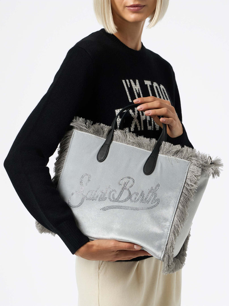 Grey velvet Colette handbag with rhinestones logo