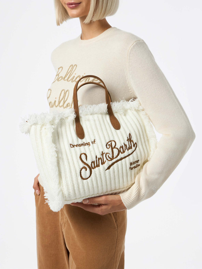 Camel rib knit Colette handbag with logo embroidery