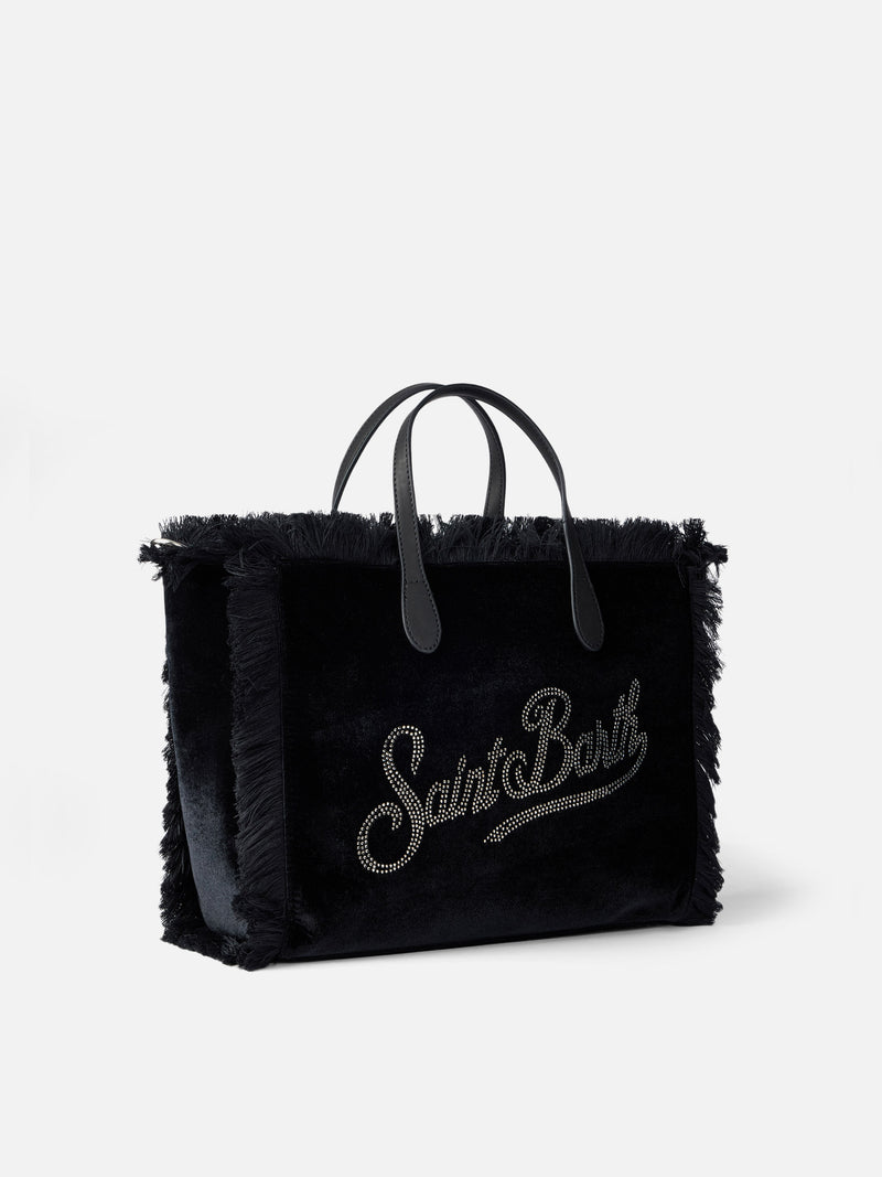 Schwarze Colette-Handtasche aus Samt mit Strass-Logo