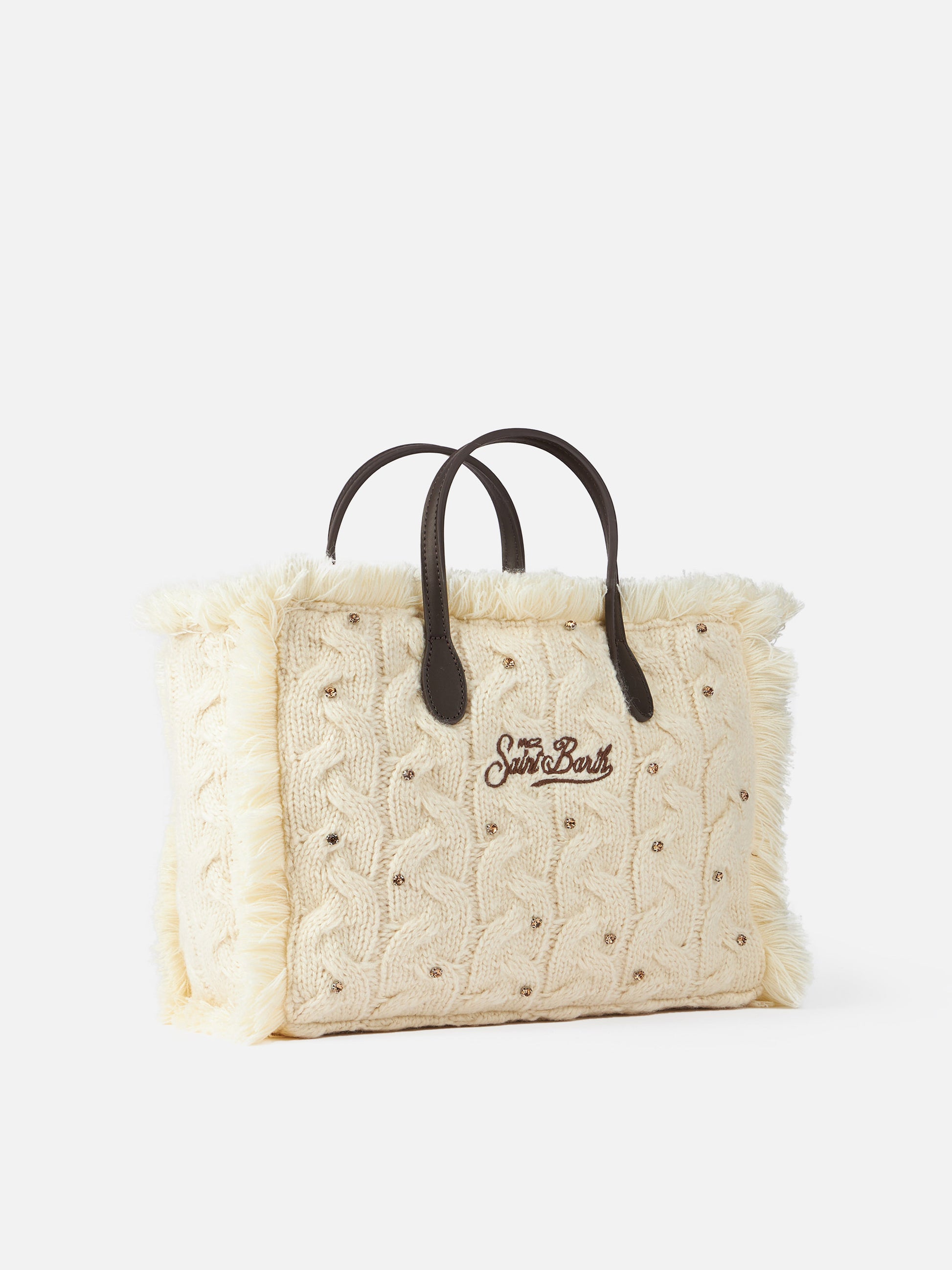 White cable knit Colette handbag with rhinestones embellishment - MC2 Saint Barth