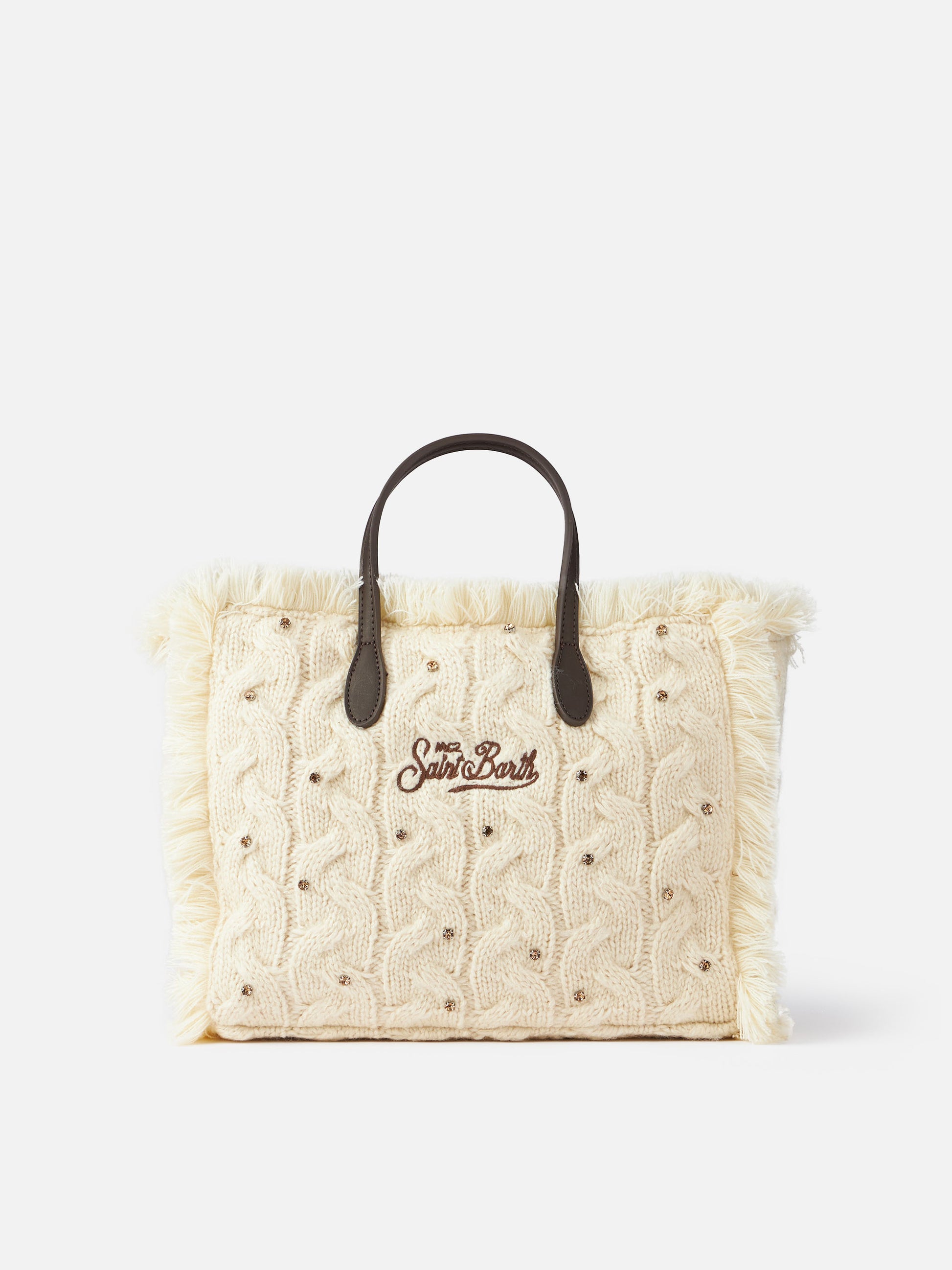 White cable knit Colette handbag with rhinestones embellishment - MC2 Saint Barth