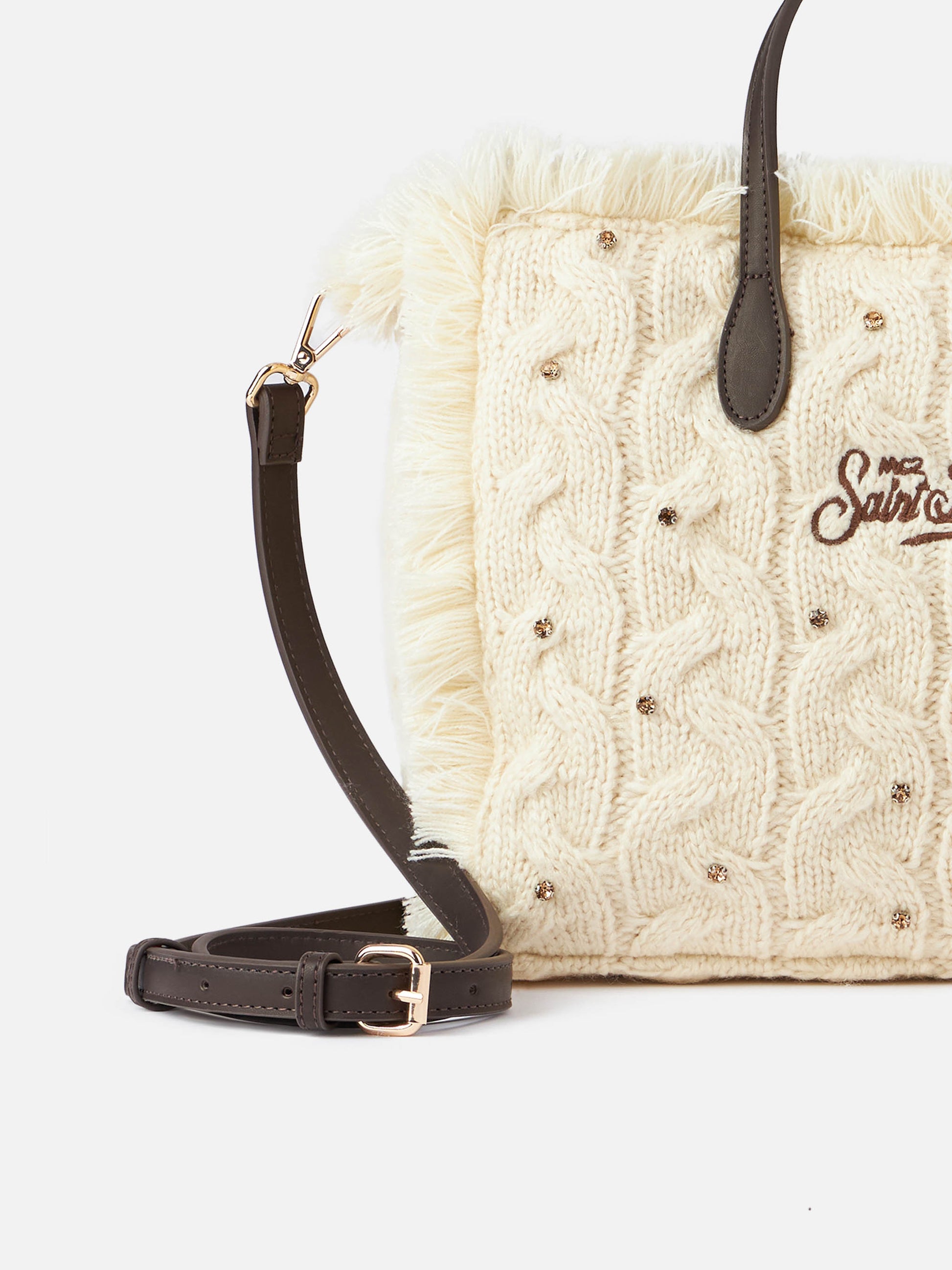 White cable knit Colette handbag with rhinestones embellishment - MC2 Saint Barth