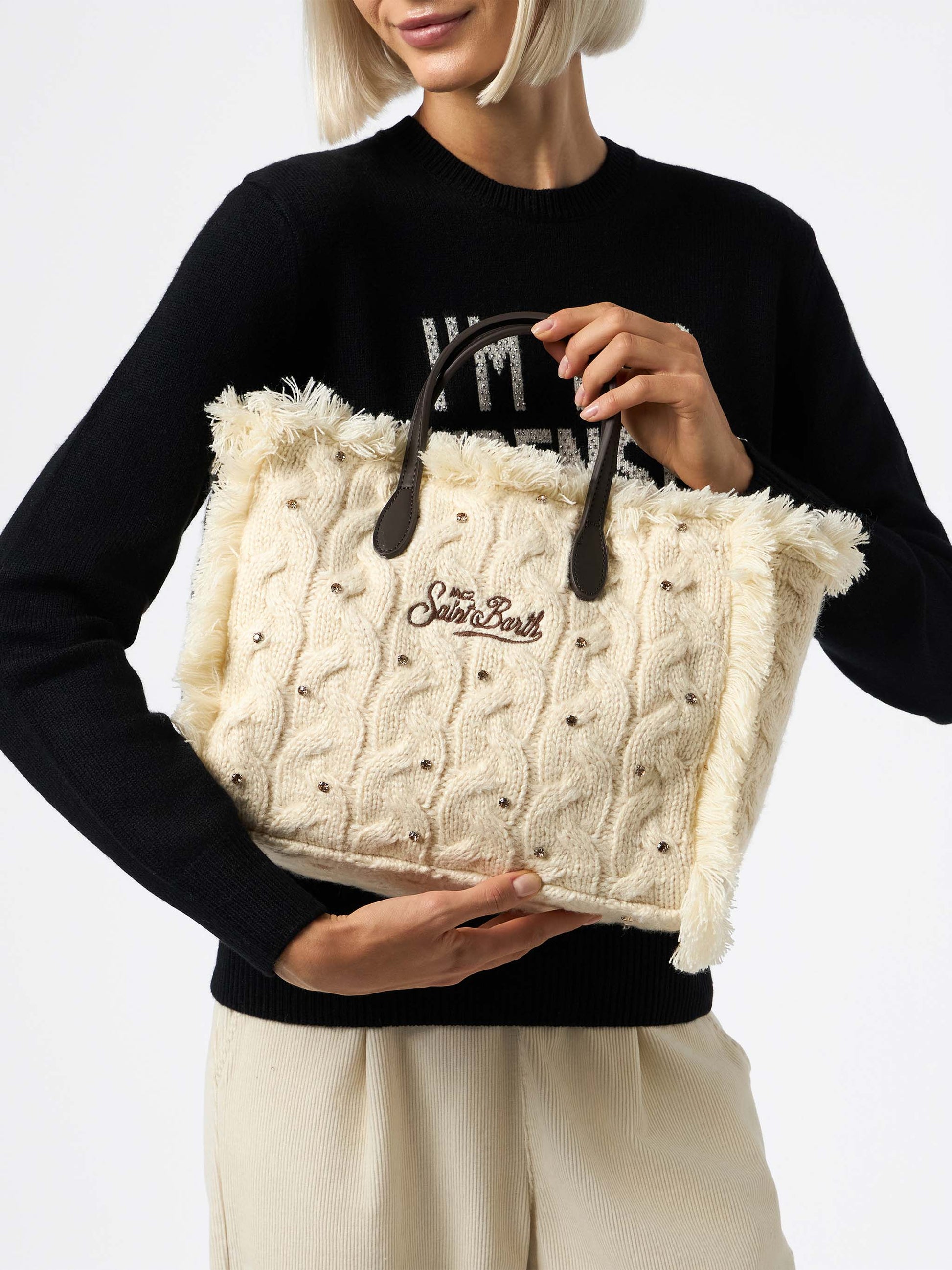 White cable knit Colette handbag with rhinestones embellishment - MC2 Saint Barth