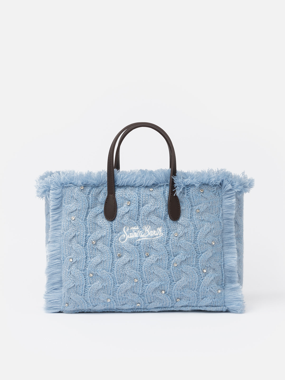 Hellblaue Colette-Handtasche mit Zopfmuster und Strassverzierung