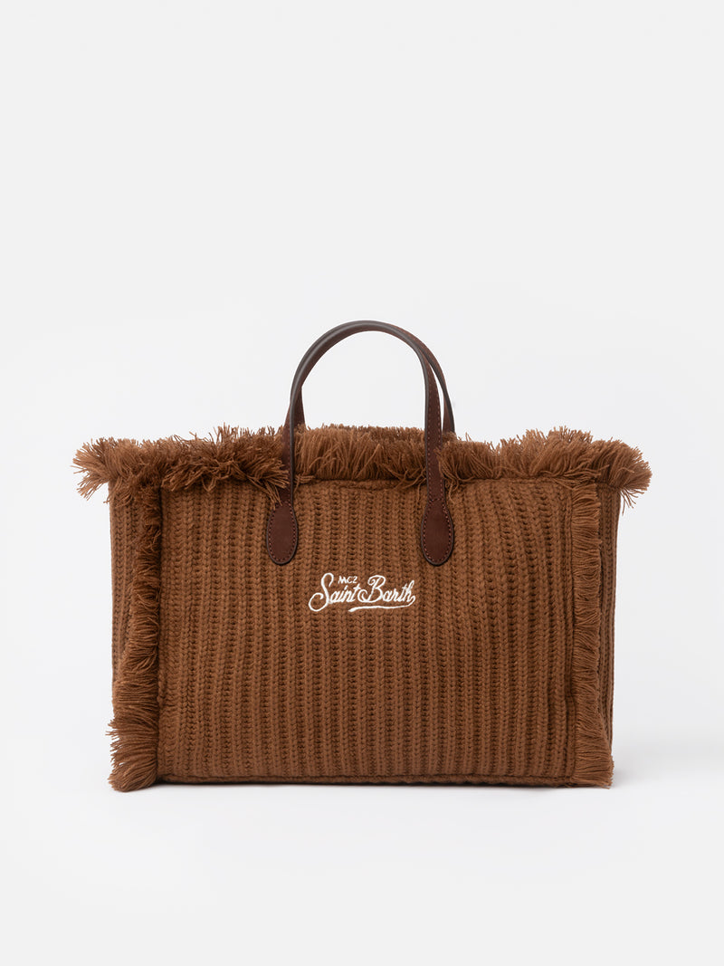 Brown rib knit Colette handbag with logo embroidery