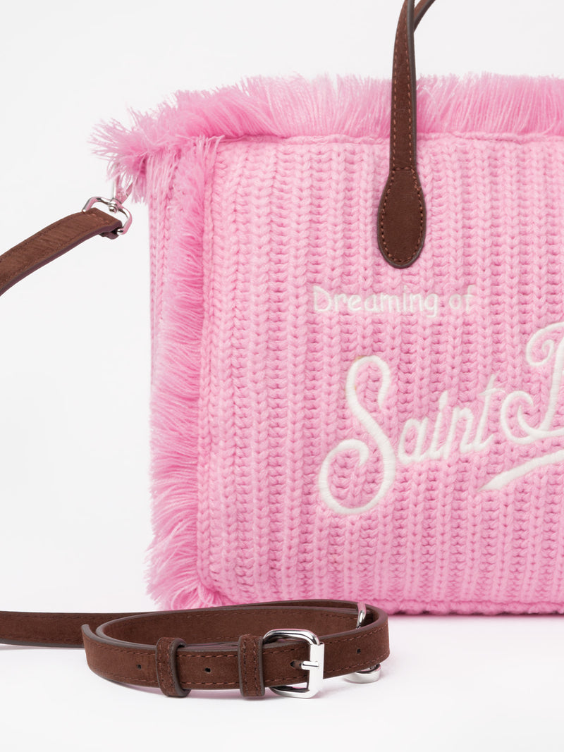 Pink rib knit Colette handbag with logo embroidery