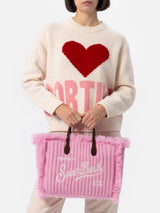 Pink rib knit Colette handbag with logo embroidery