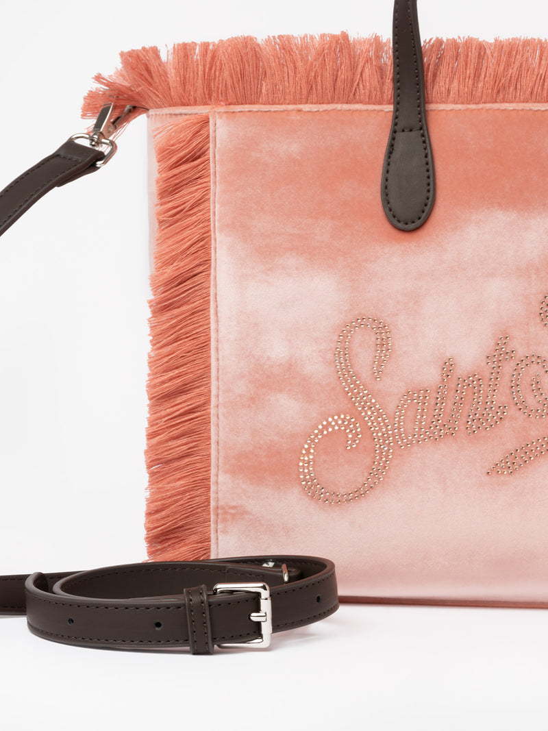 Pink velvet Colette handbag with rhinestones logo