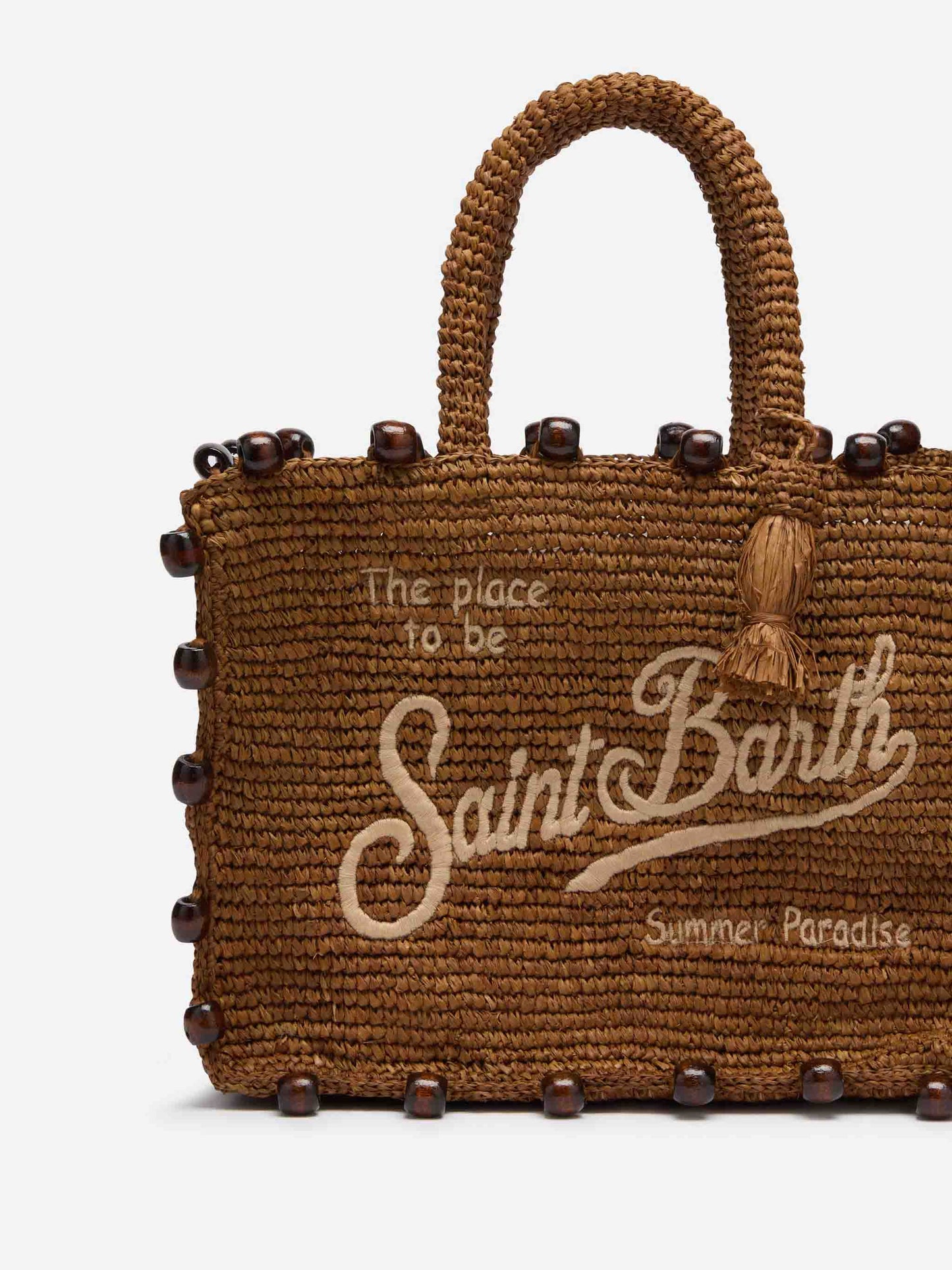 Colette raffia bag with embroidered logo and applied beads