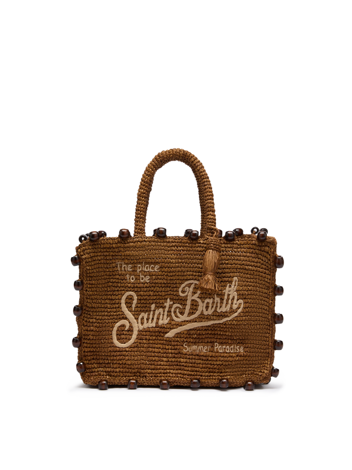 Borsa Colette in rafia marrone con perline e logo ricamato